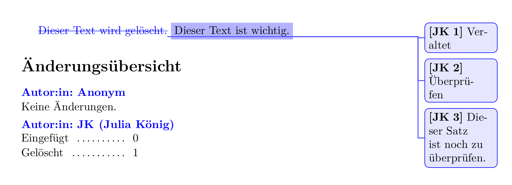 Beispiel für das Erstellen einer Änderungsübersicht bei der Änderungsverfolgung in LaTeX